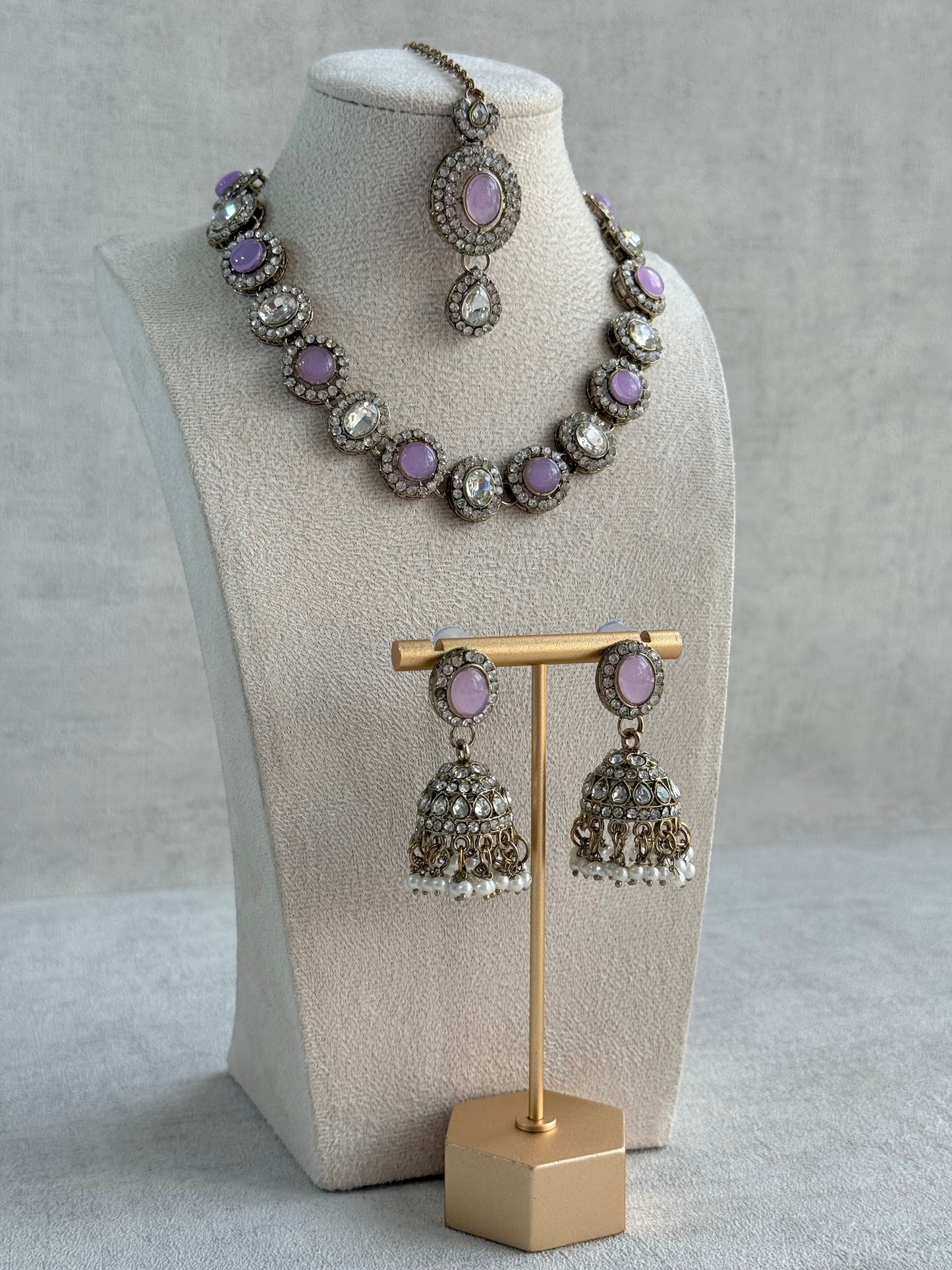 Ayura Designs Eira Necklace Set with Earrings & Tikka – Lilac & Crystal Stones with Antique Gold Finish