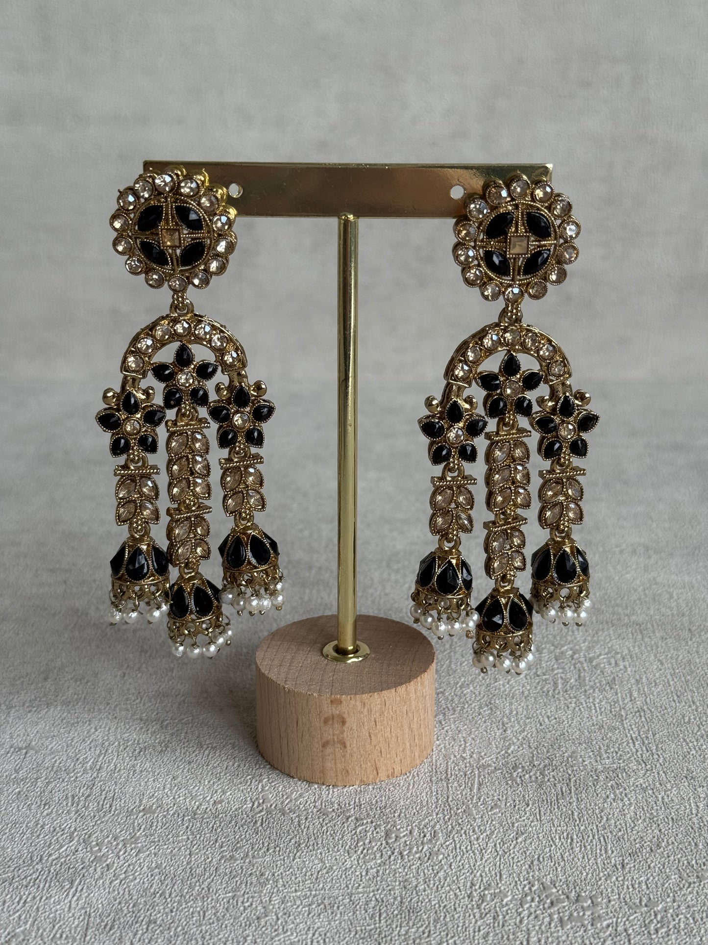 Ayura Designs Soraya Earrings – Black Stones, Champagne Crystals, Pearl Detailing & Gold Finish