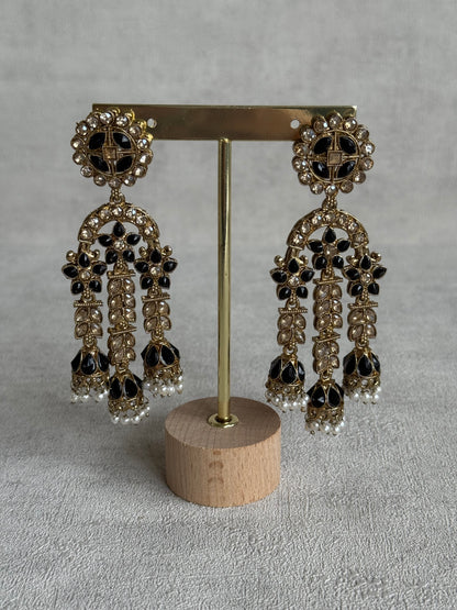 Ayura Designs Soraya Earrings – Black Stones, Champagne Crystals, Pearl Detailing & Gold Finish