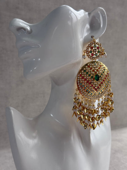 Ayura Designs Seerat Earrings – Emerald Green & Multicolour Gold Pippal Patti Design with Pearls