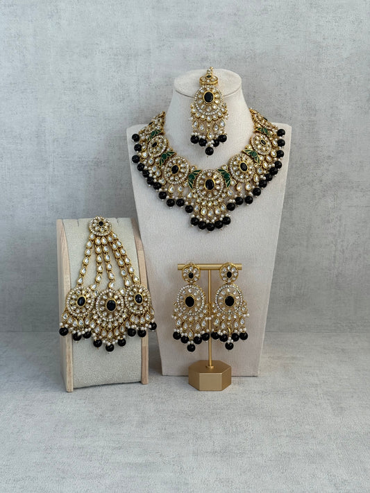 Ayura Designs Zara Set with Necklace, Earrings, Tikka & Passa – Antique Gold with Kundan Detailing & Black Beads