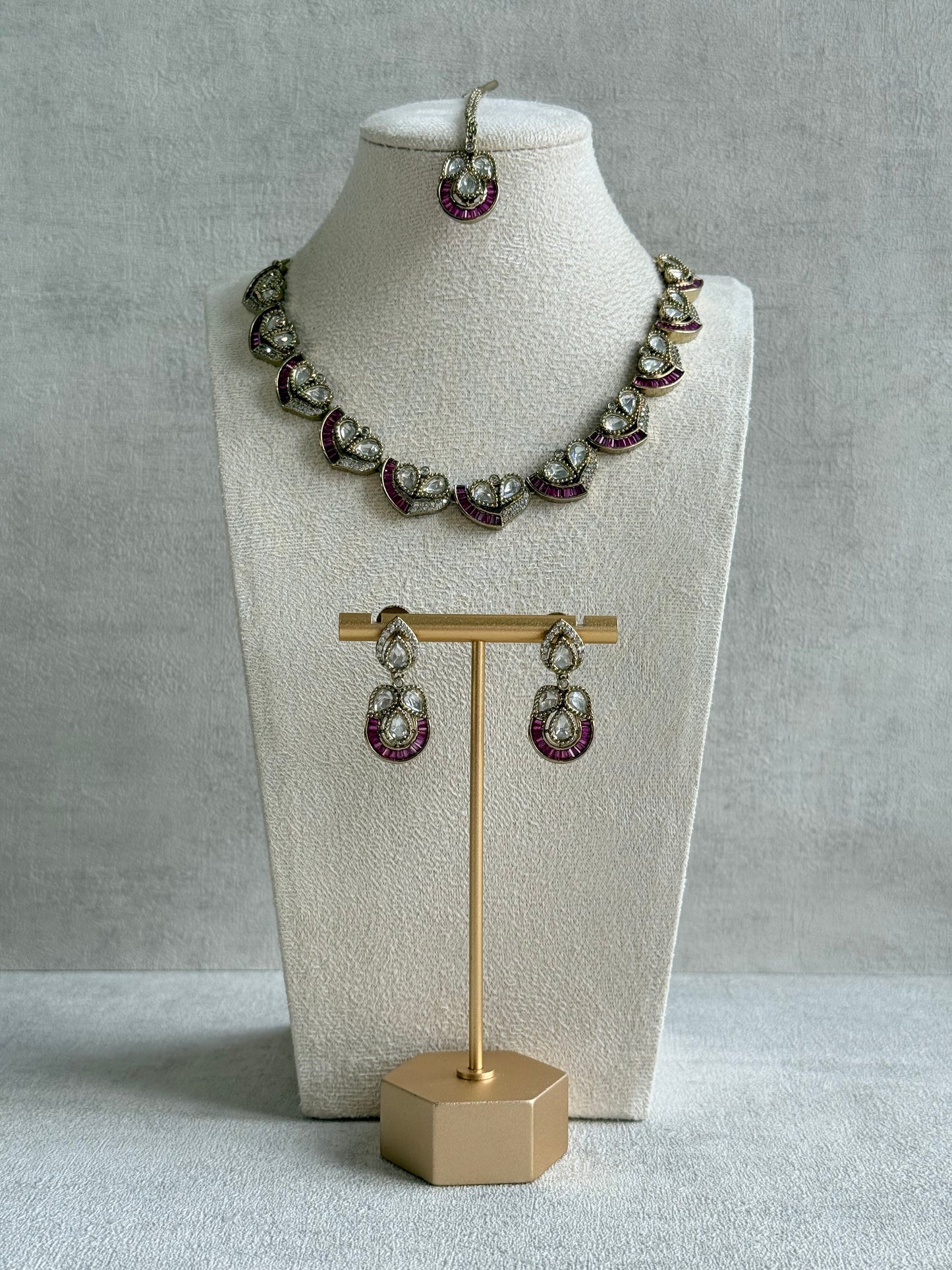 Ayura Designs Katalina Necklace Set with Earrings & Tikka – Rani Pink Stones, Crystals & Antique Gold Finish