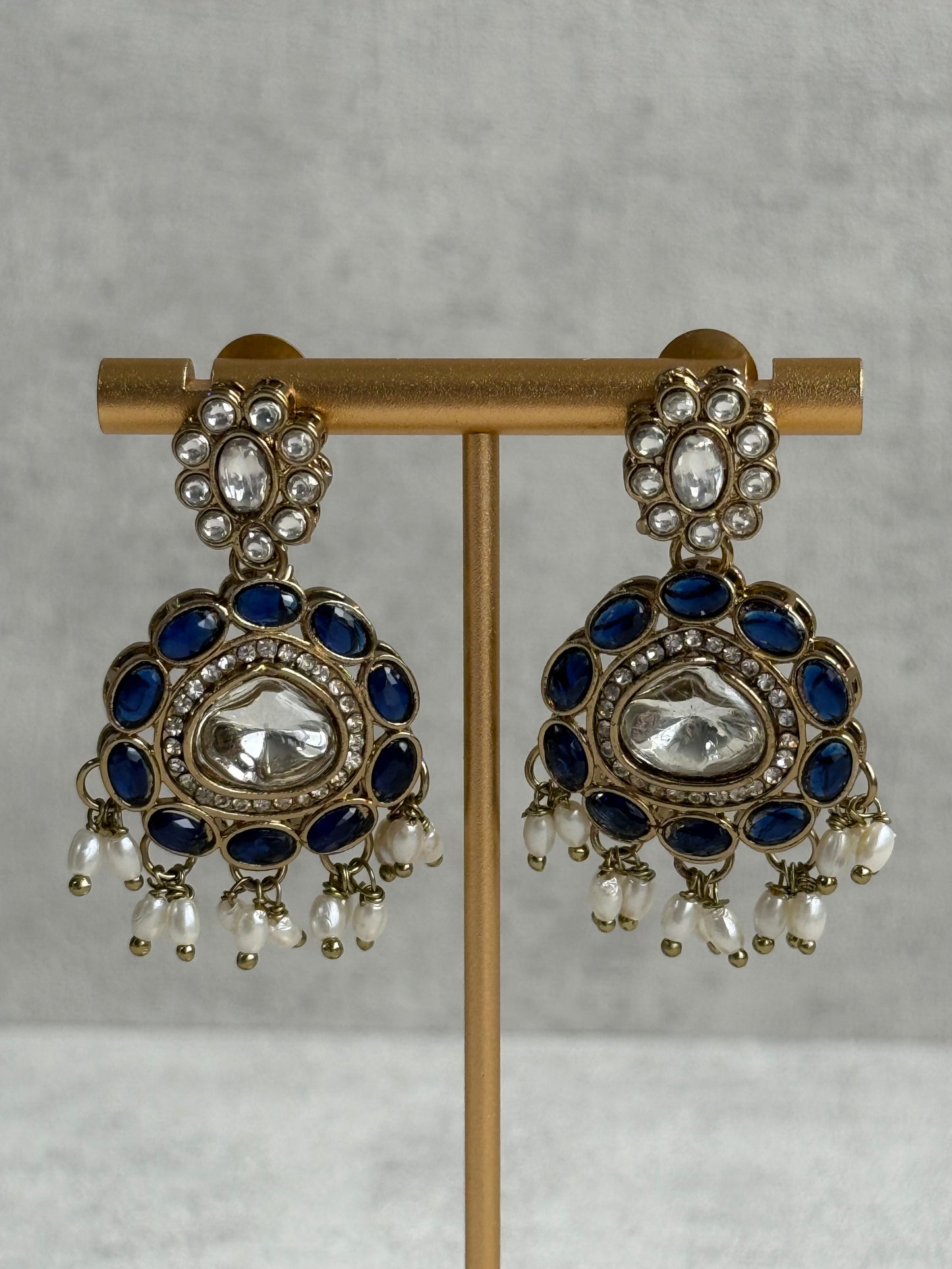Ayura Designs Warda Set with Earrings & Tikka – Ink Blue Ovals, Mirror-Cut Stones & Ivory Pearls