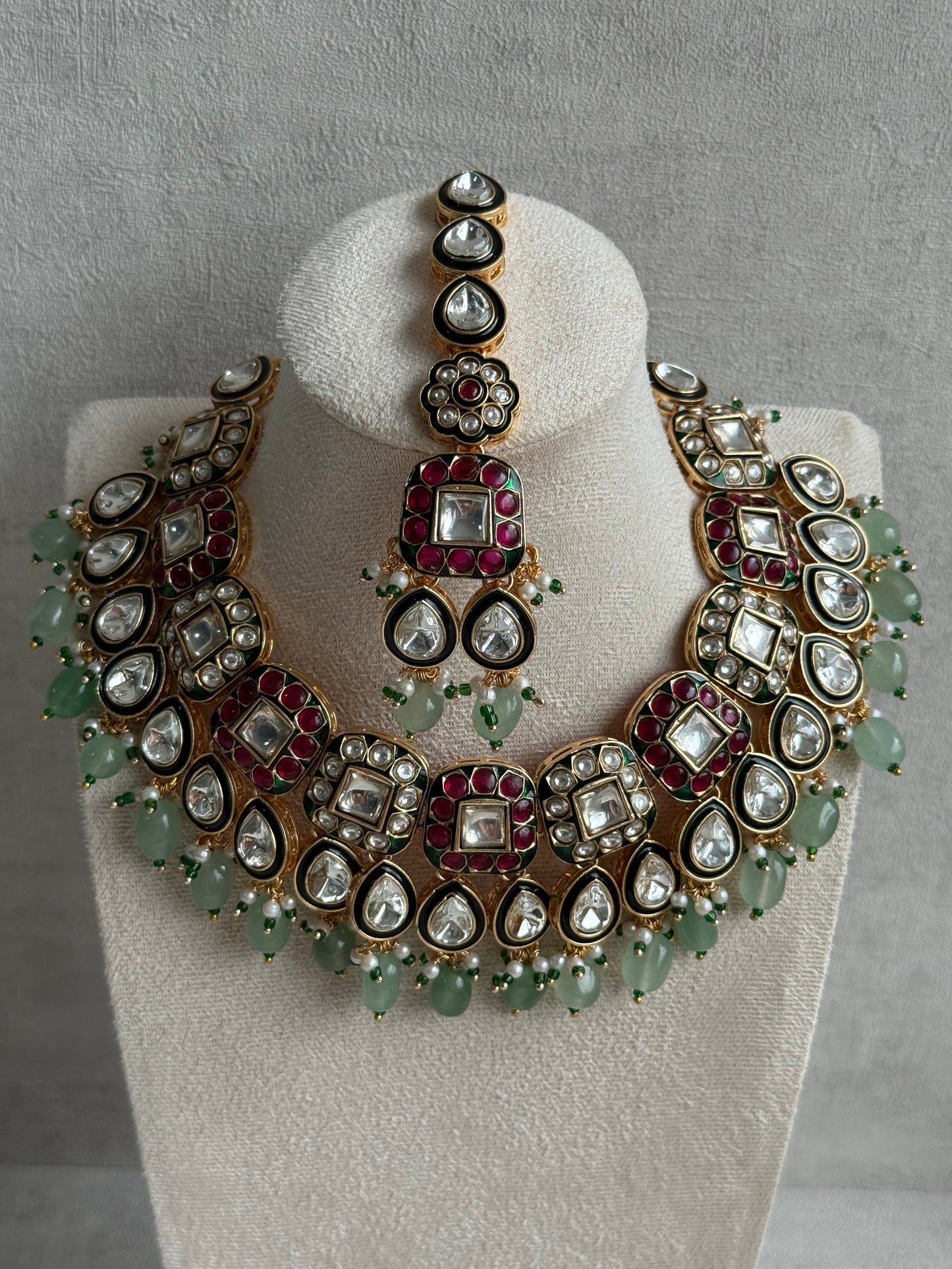 Ayura Designs Salma Set – Necklace, Earrings & Tikka with Mirror-Cut Kundan, Pink & Mint Beads, Emerald Green Meenakari & Gold Finish