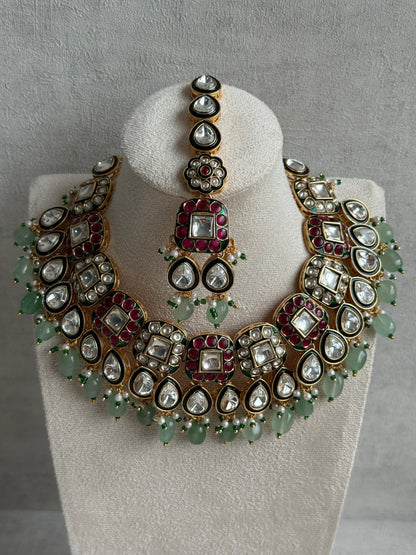Ayura Designs Salma Set – Necklace, Earrings & Tikka with Mirror-Cut Kundan, Pink & Mint Beads, Emerald Green Meenakari & Gold Finish
