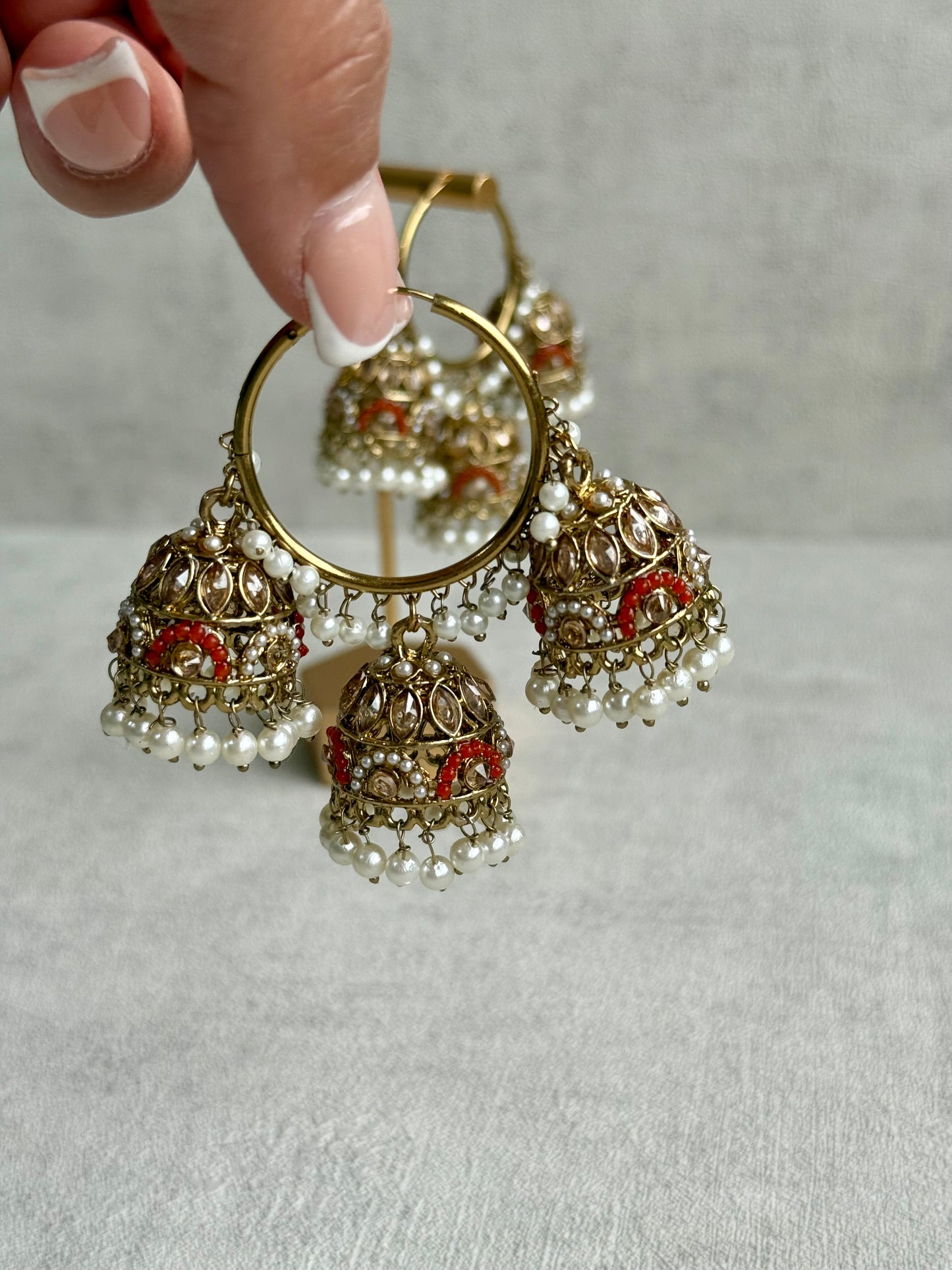 Ayura Designs Nakhra Balis – Orange Triple Dome Earrings with Mirror-Cut Stones & Pearl Detailing