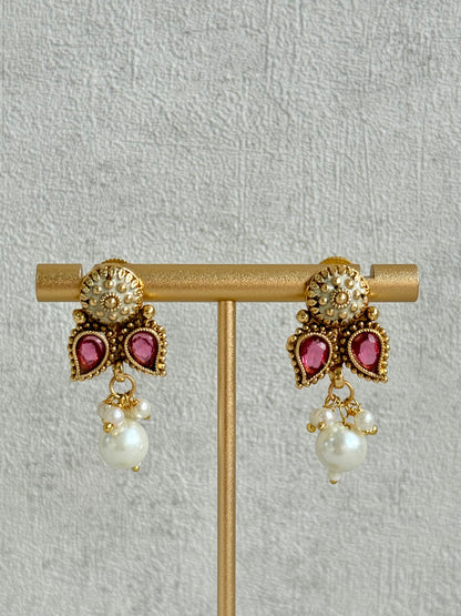 Ayura Designs Mayura Necklace Set with Earrings – Antique Gold Meenakari Motifs with Pearl Drop & Rani Pink Stones