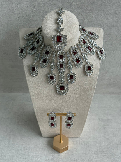 Ayura Designs Zinnia Set – Necklace, Earrings & Tikka with Ruby Red Stones and Mirror-Cut Polki in Silver Finish