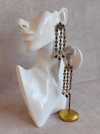 Ayura Designs Emilia Earrings – Gold Triple Strand Statement Earrings with Emerald Green Stones & Pearl Drops