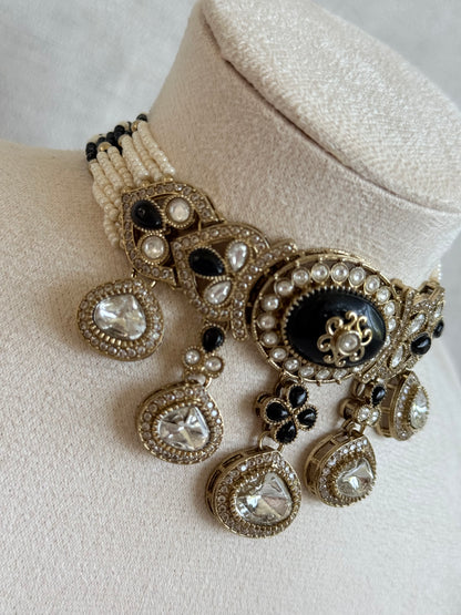 Ayura Designs Myra Choker Set with Earrings & Tikka – Black Kundan & Pearl Detailing