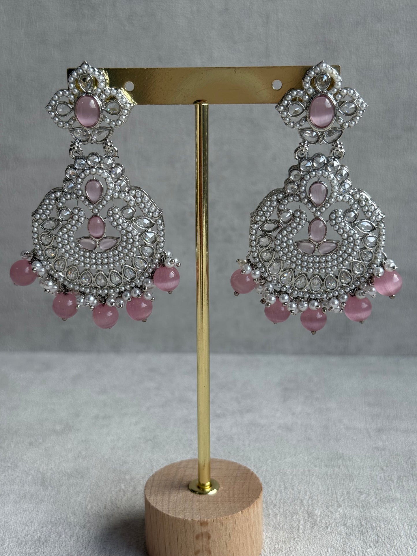 Ayura Designs Zarlish Set – Choker, Earrings & Tikka with Mirror-Cut Stones, Blush Pink Beads & Silver Finish