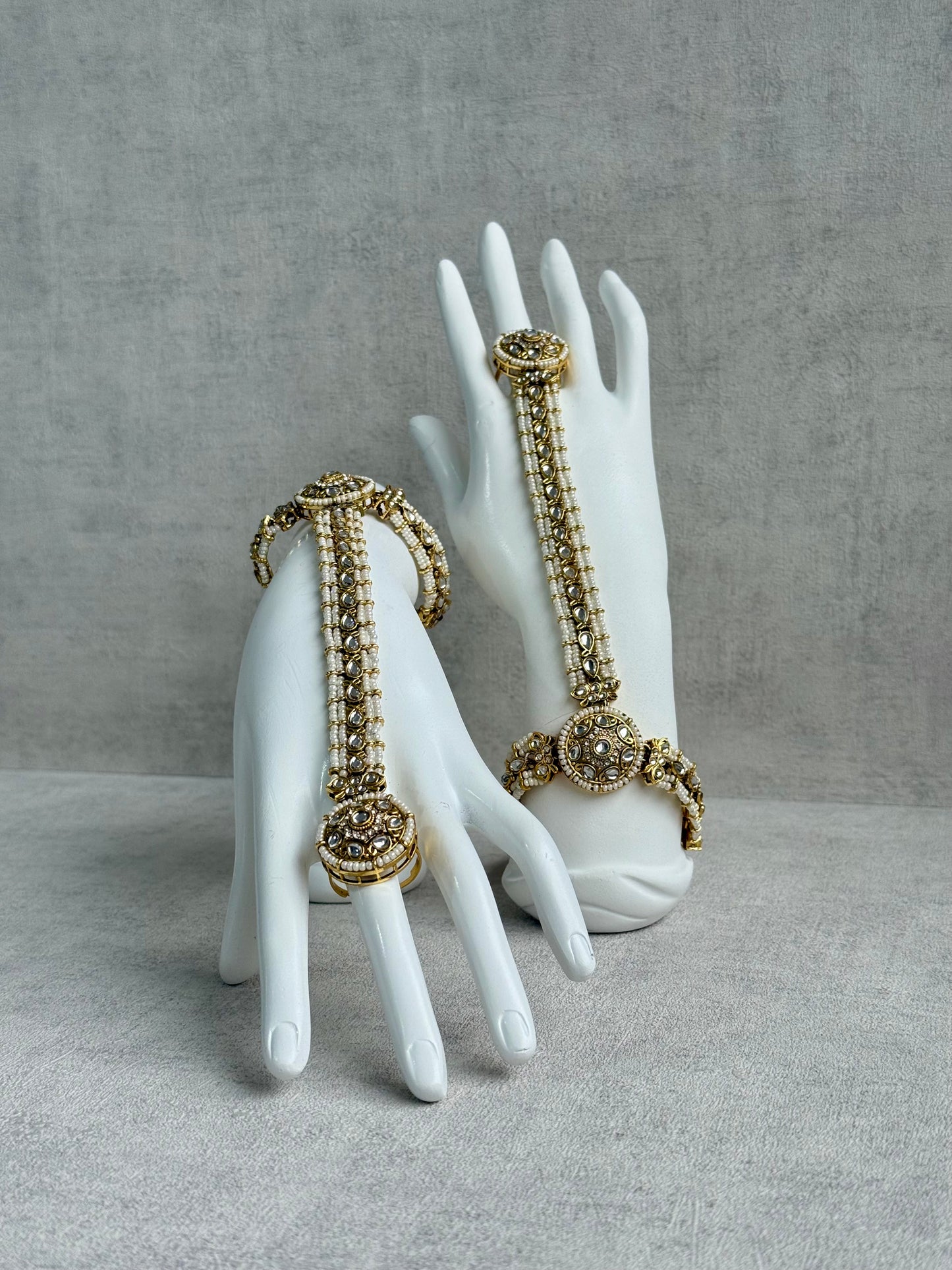 Ayura Designs Mirana Haathphool – Kundan Hand Harness with Pearl Detailing in Antique Gold Finish