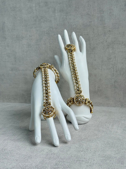 Ayura Designs Mirana Haathphool – Kundan Hand Harness with Pearl Detailing in Antique Gold Finish