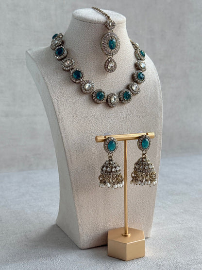 Ayura Designs Eira Necklace Set with Earrings & Tikka – Teal & Crystal Stones with Antique Gold Finish