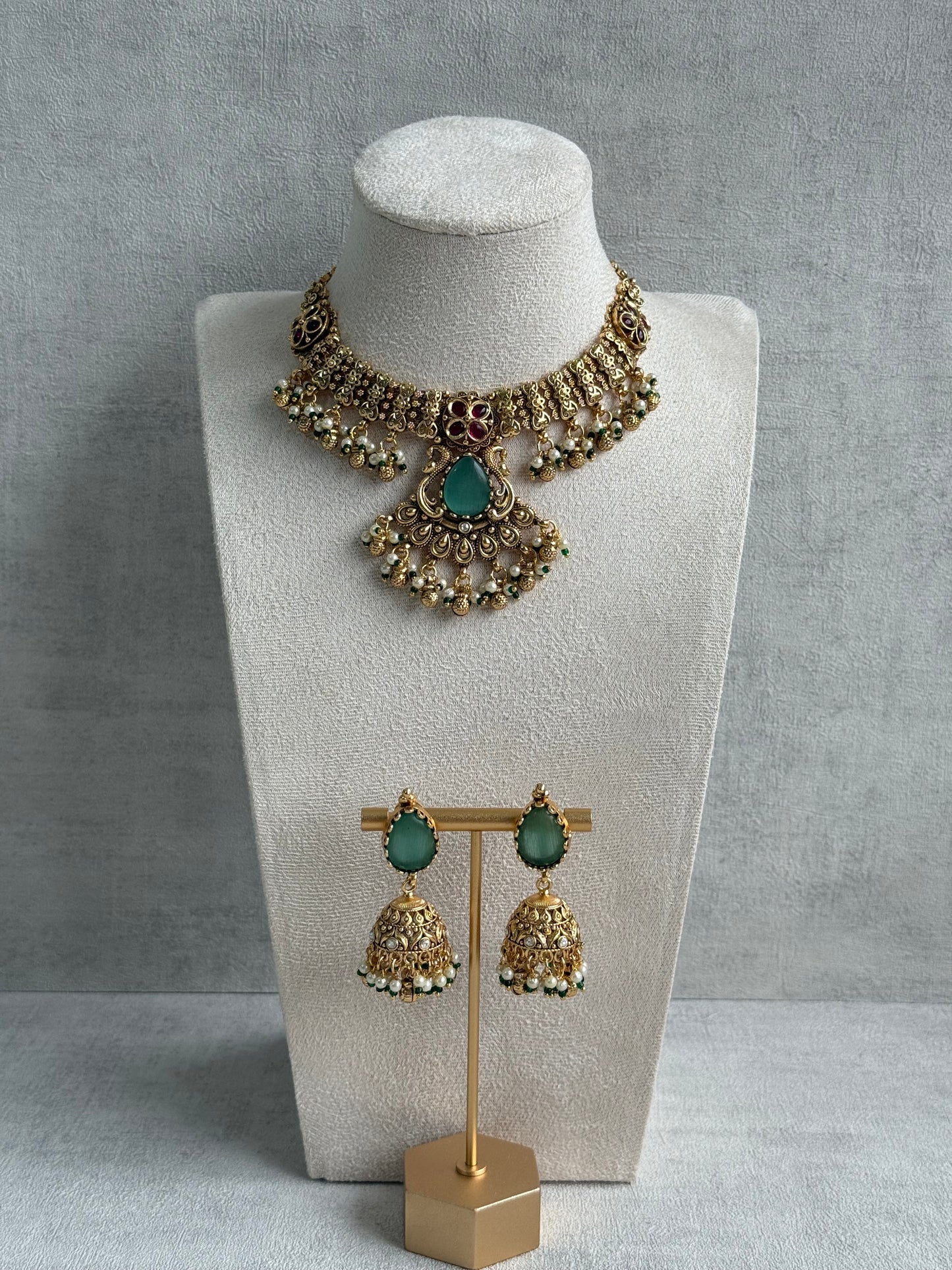 Ayura Designs Urvashi Set – Antique Gold Necklace & Jhumkis with Mint Green Stone, Ruby & Pearl Detailing
