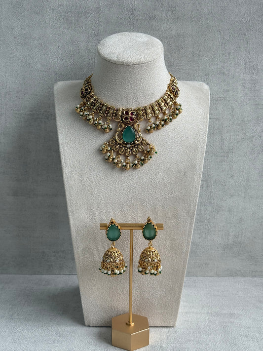 Ayura Designs Urvashi Set – Antique Gold Necklace & Jhumkis with Mint Green Stone, Ruby & Pearl Detailing