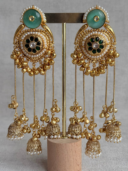 Ayura Designs Shagan Earrings – Mint Green Statement Earrings with Multi Jhumki Drops, Pearl Detailing & Ghungroo Accents