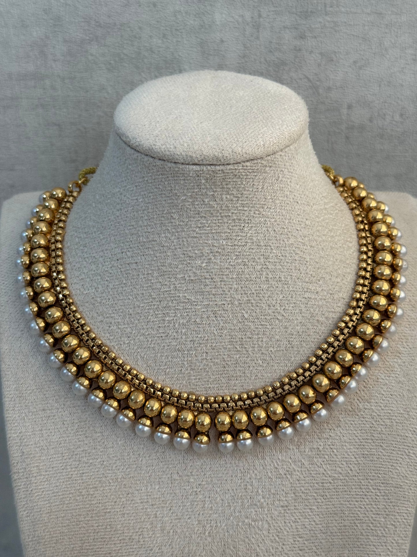 Ayura Designs Devyani Set with Stud Earrings – Antique Gold Layers with Pearl Edging