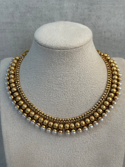 Ayura Designs Devyani Set with Stud Earrings – Antique Gold Layers with Pearl Edging