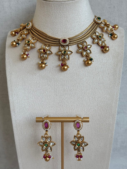 Ayura Designs Daksha Necklace Set with Earrings – Gold Layered Chain Necklace with Ruby Pink & Emerald Green Kundan Floral Motifs