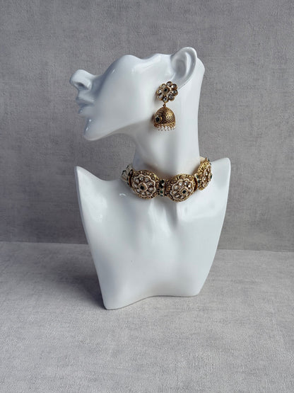 Ayura Designs Tanu Choker Set – Antique Gold Choker & Jhumkis with Ruby & Emerald Kundan and Pearl Borders