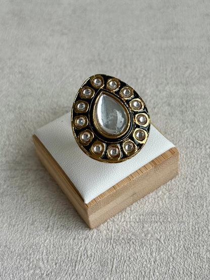 Ayura Designs Kalika Set with Necklace, Earrings, Tikka & Ring – Polki-Style Stones with Antique Green Enamel Detailing, Emerald Green Beads & Pearl Drops