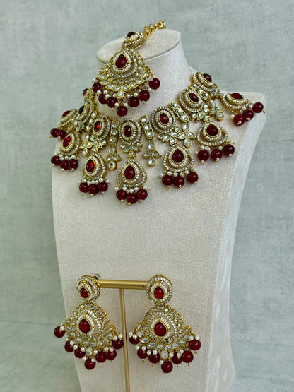 Ayura Designs Janvi Set with Necklace, Earrings & Tikka – Kundan Detailing, Ruby Red Beads & Ivory Pearl Drops