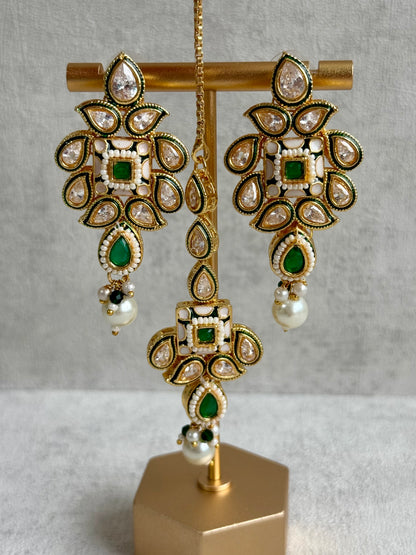 Ayura Designs Jiara Set – Necklace, Earrings & Tikka with Mirror-Cut Stones, Emerald Green & Pearl Detailing