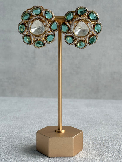 Ayura Designs Giana Stud Earrings – Aqua Green & Crystal Kundan with Gold Finish