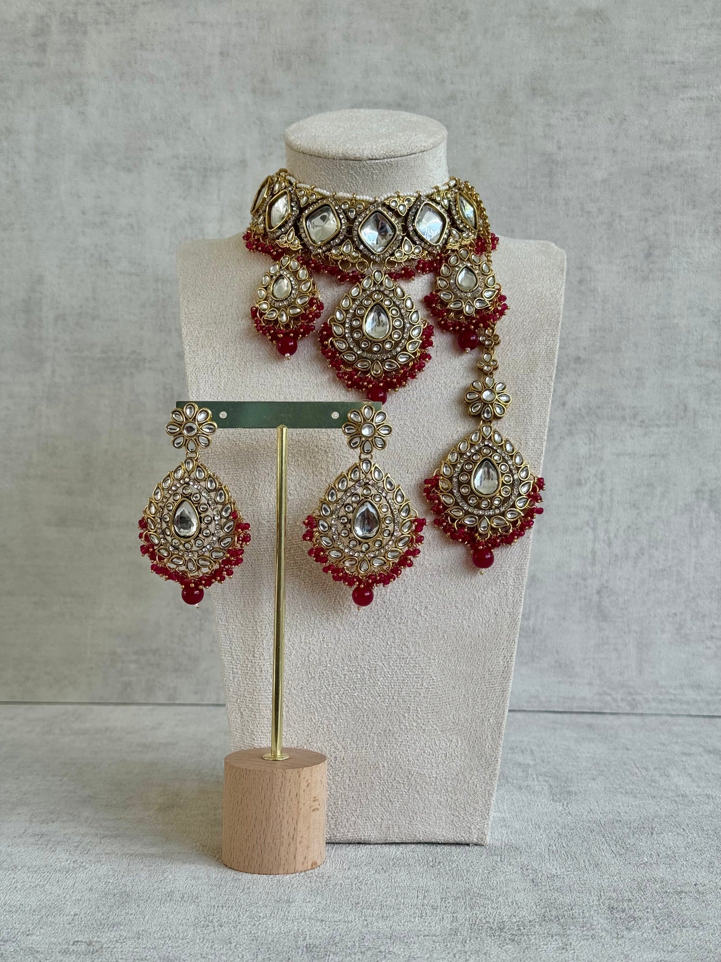 Ayura Designs Kirpa Choker Set with Earrings & Tikka – Ruby Red Beads & Mirror-Cut Stones