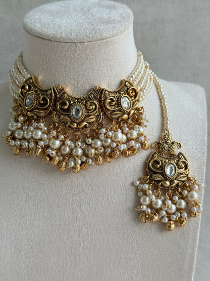 Ayura Designs Sneha Choker Set with Earrings & Tikka – Ivory Beads, Layered Pearl Detailing, Ghungroos & Antique Gold Finish