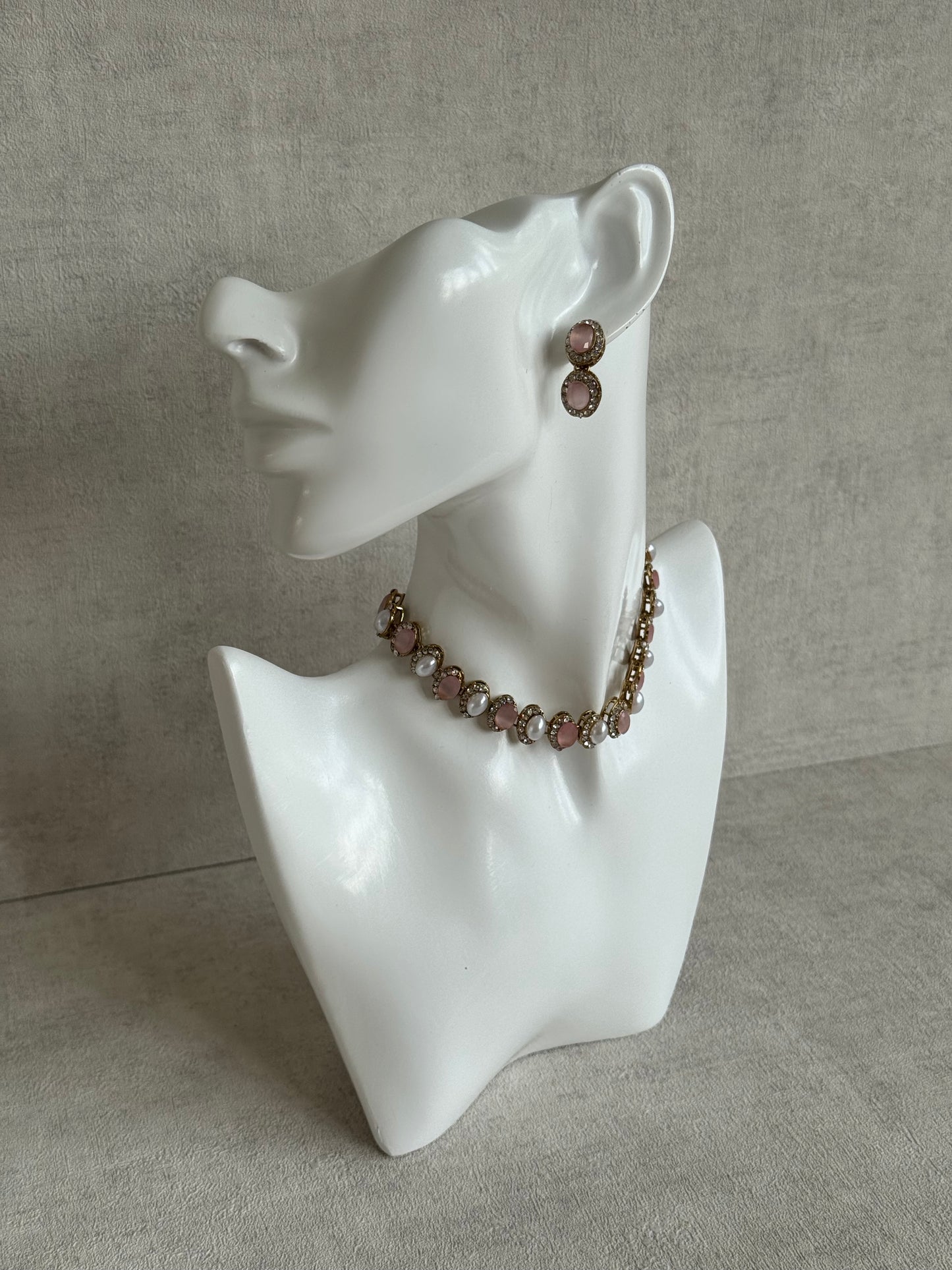 Ayura Designs Eira Set – Necklace, Earrings & Tikka with Blush Pink & Ivory Oval Stones in Antique Gold