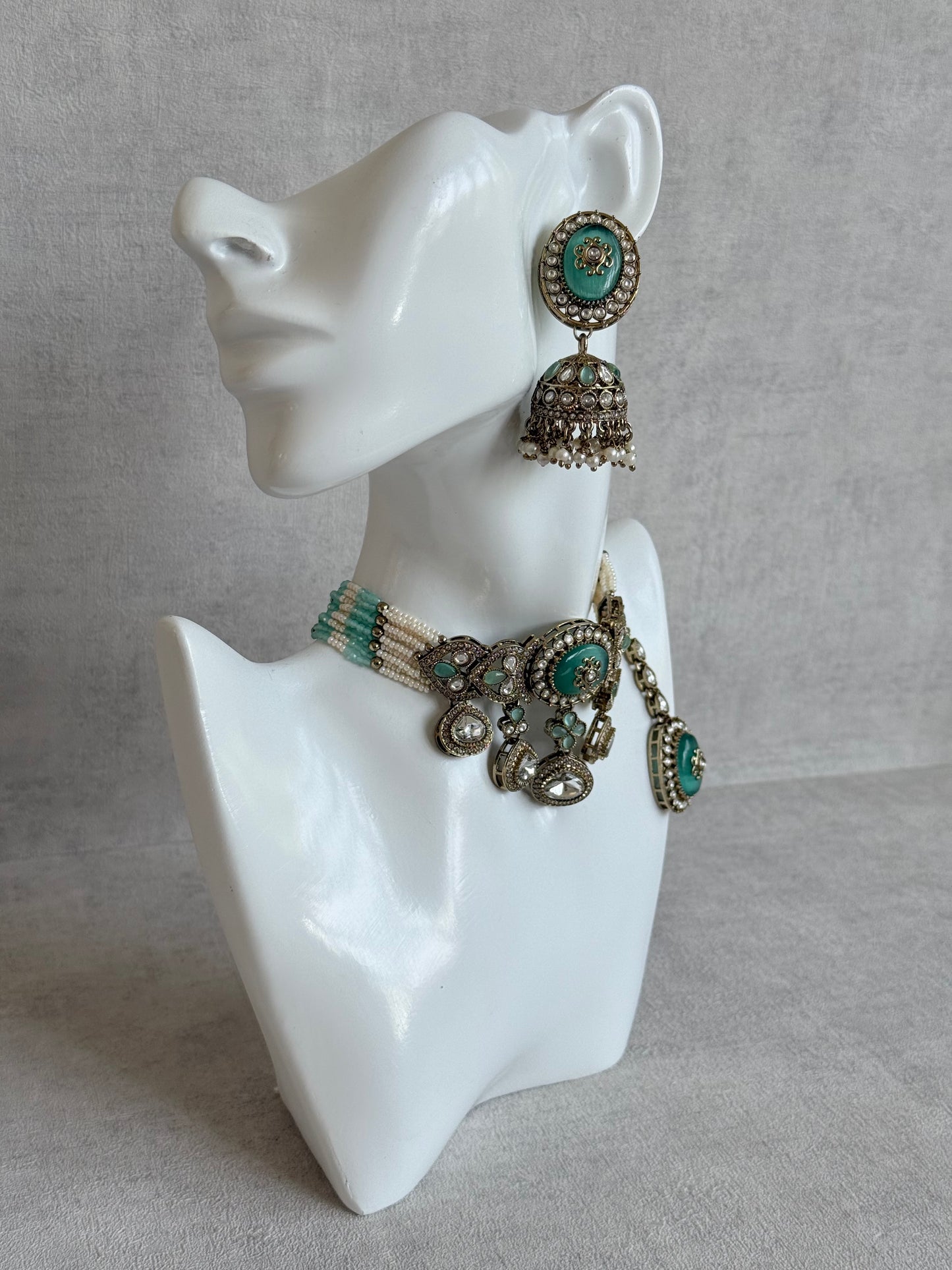 Ayura Designs Myra Choker Set with Jhumkis & Tikka – Mint Green Kundan & Pearl Detailing