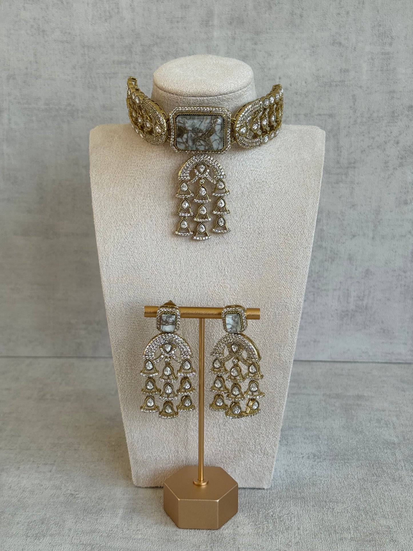 Ayura Designs Isla Choker Set with Earrings – All-White Marble & Moissanite Stones