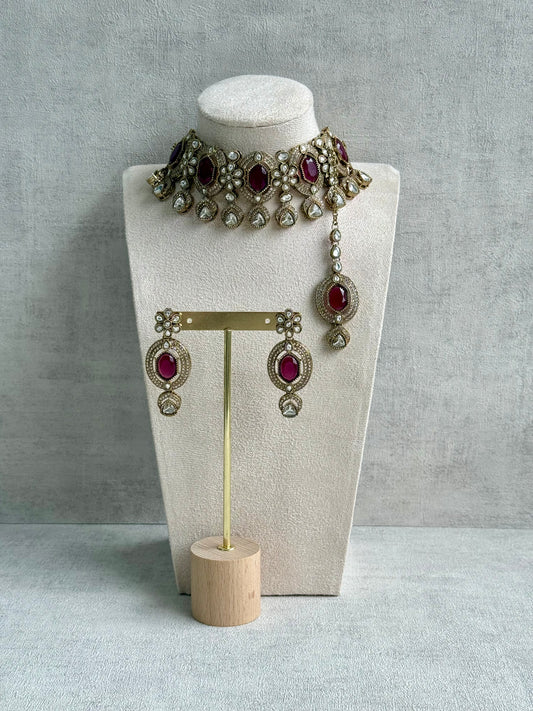 Ayura Designs Emanya Choker Set – Choker, Earrings & Tikka with Mirror-Cut Stones, Mulberry Magenta & Antique Gold Detailing