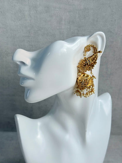 Ayura Designs Anika Jhumkis – Gold Half Ear Cuffs with Floral Motif, Kundan Crystals & Pearl Jhumka Drops