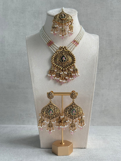 Ayura Designs Afia Necklace Set with Earrings & Tikka – Antique Gold, Blush Pink Pearls, Green Centre Stone & Peacock Motifs