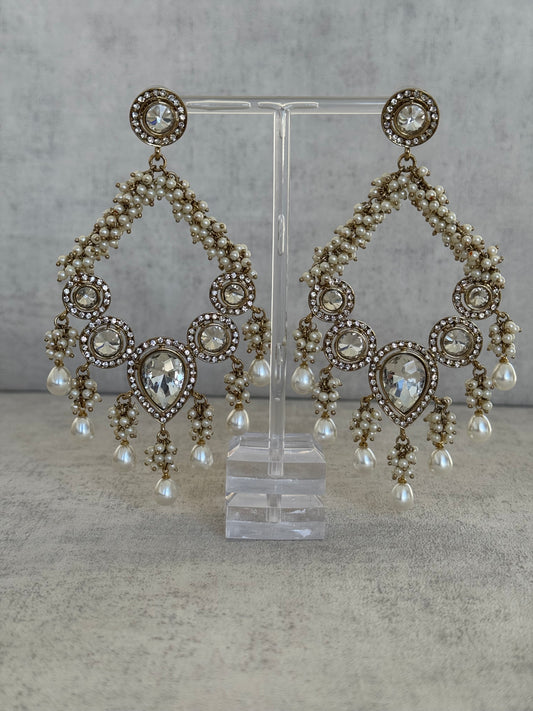 Ayura Designs Fana Chand Bali – Antique Gold Crescent Earrings with Pearls & Crystals