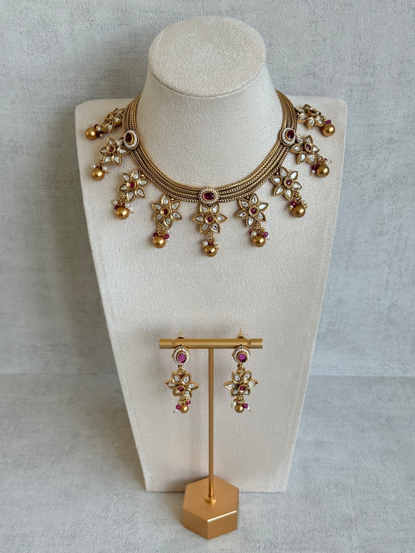 Ayura Designs Daksha Necklace Set with Earrings – Gold Layered Chain Necklace with Ruby Pink Kundan Floral Motifs