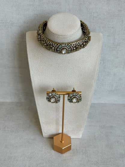 Ayura Designs Genevieve Choker Set with Studs – Mint Crystal Kundan in Antique Gold