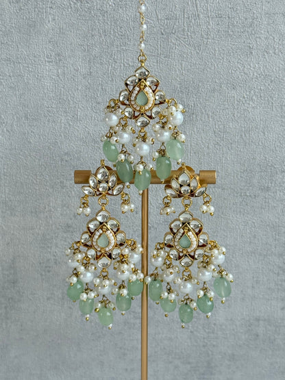 Ayura Designs Tasveer Pachi Kundan Choker Set with Earrings, Tikka & Mint Green Bead Detailing