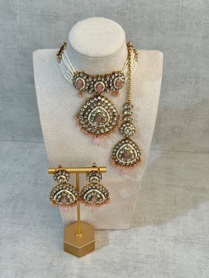 Ayura Designs Tehreem Set with Necklace, Earrings & Tikka – Mirror-Cut Stones, Blush Pink Beads & Antique Gold Finish