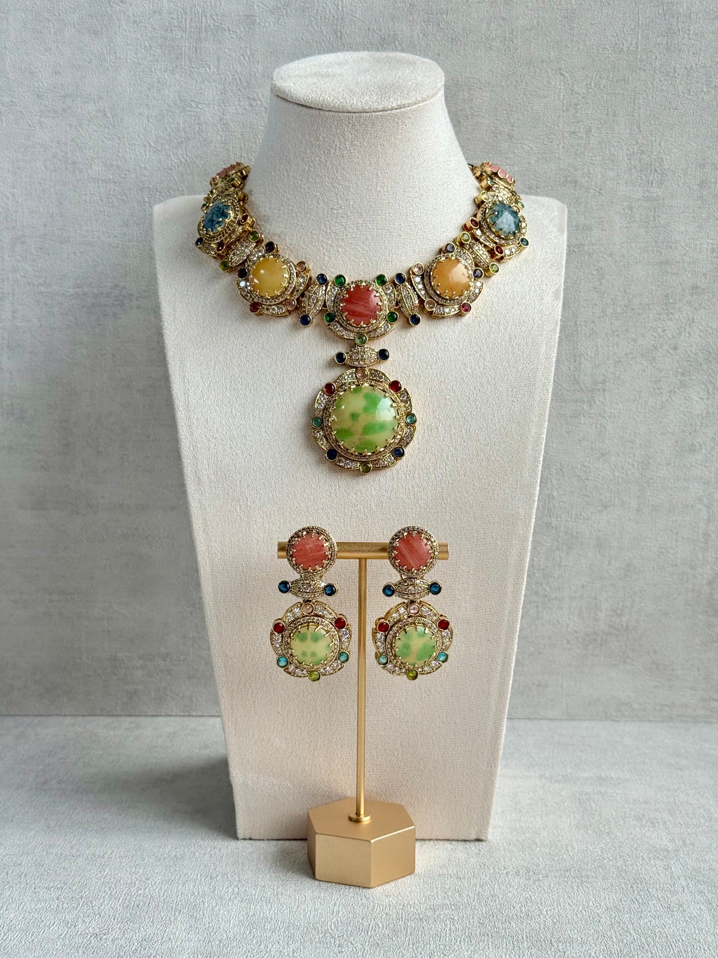 Ayura Designs Akira Set with Necklace & Earrings – Moissanite-Style Crystals with Multicolour Stone Detailing