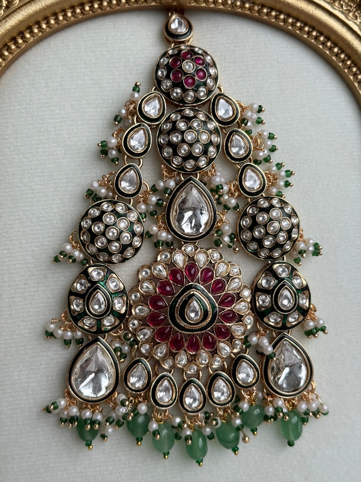 Ayura Designs Zoha Jhoomar Passa – Polki Kundan with Ruby Pink Floral Centre, Emerald Green Drops & Pearl Detailing