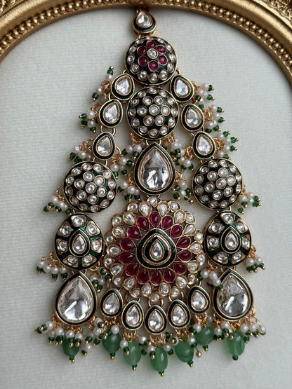Ayura Designs Zoha Jhoomar Passa – Polki Kundan with Ruby Pink Floral Centre, Emerald Green Drops & Pearl Detailing