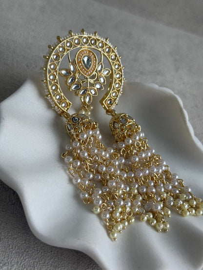 Ayura Designs Kamya Hair Brooch – Polki Crescent with Pearl Tassels in Gold Finish