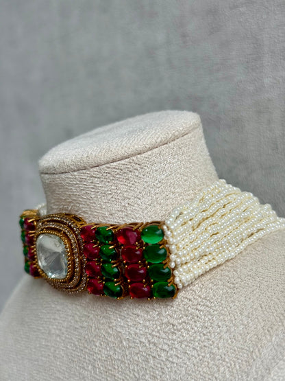 Ayura Designs Emma Choker Set – Fuchsia Pink & Emerald Green Gemstone Choker & Studs with Mirror-Cut Centrepiece, Pearl Strands & Crystal Borders