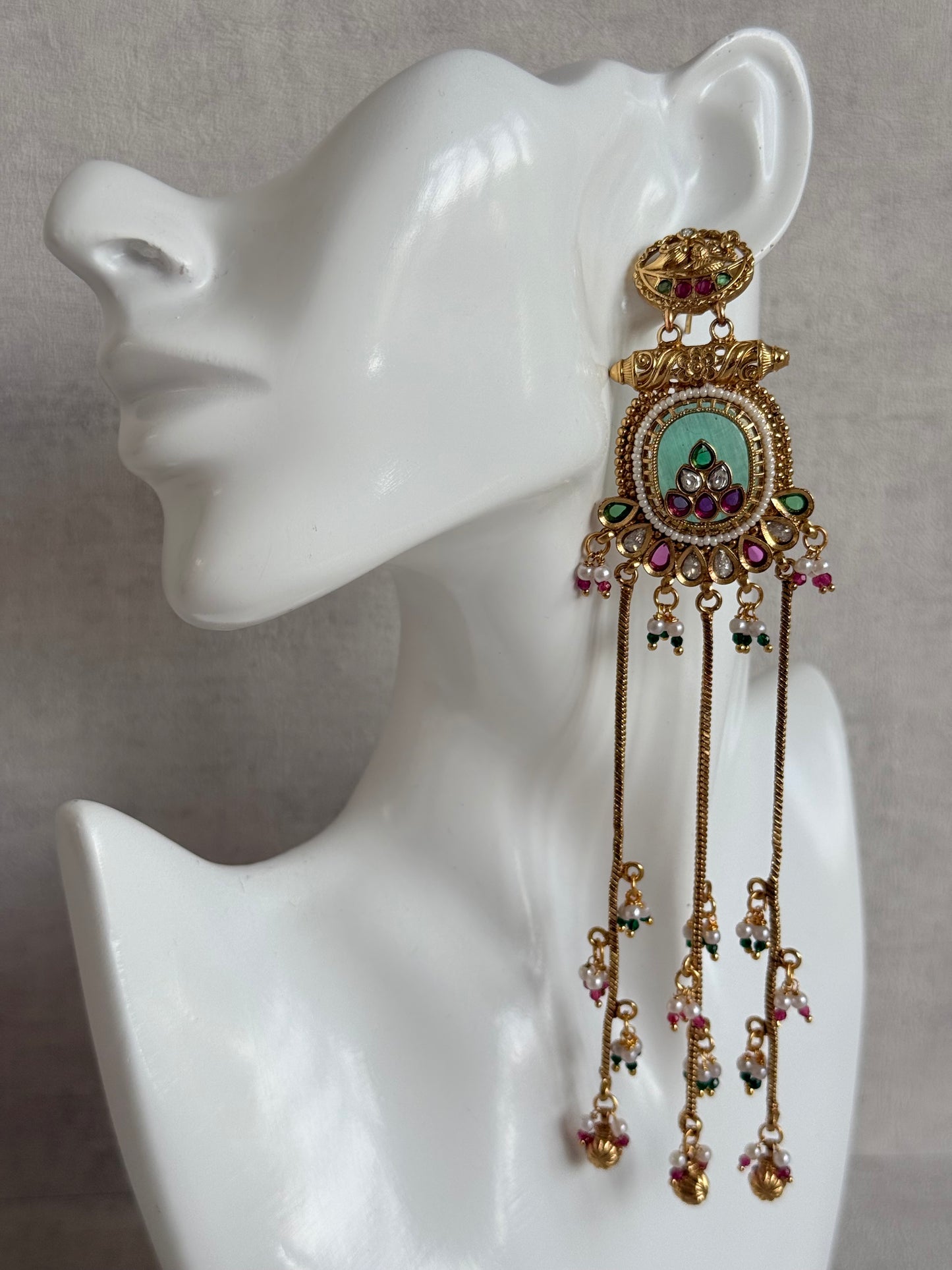 Ayura Designs Kaveri Earrings – Gold Long Chain Drop Earrings with Kundan, Pearls & Ghungroo Detailing – Mint Green