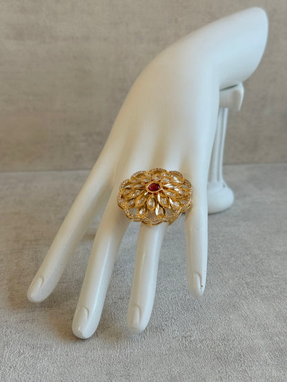 Ayura Designs Elisa Adjustable Ring – Moissanite Floral Ring with Rani Pink Centre & Crystal Border