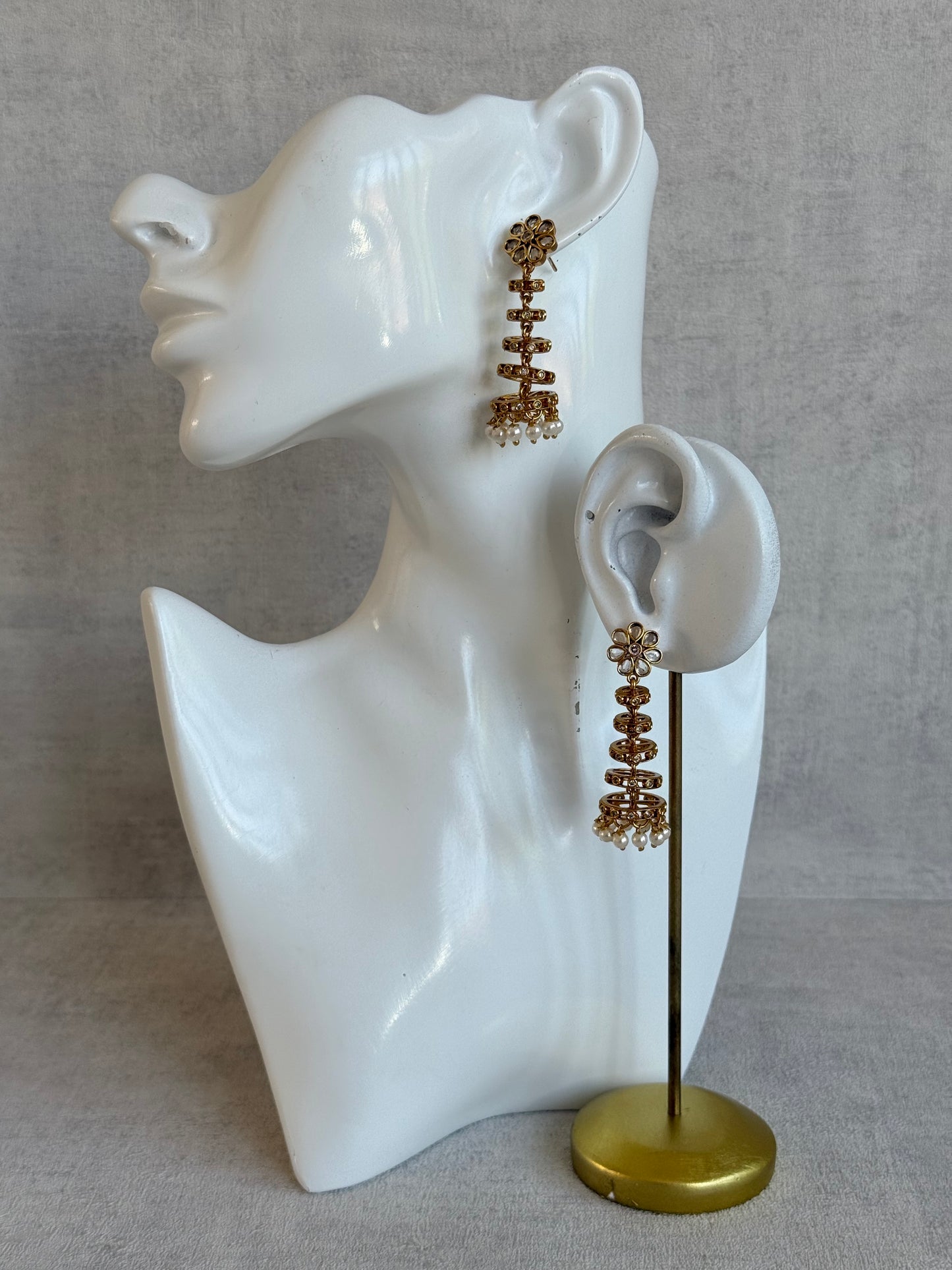 Ayura Designs Adira Jhumkis – Gold Floral Jhumkis with Layered Crystal Rings & Pearl Drops